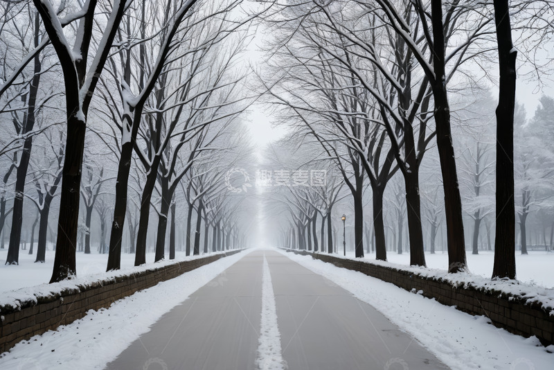 高清大图下载【趣麦麦图】雪后公园林荫道雪景