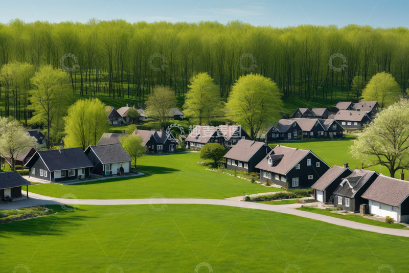 高清大图下载【趣麦麦图】郊区绿色景观中的房屋群