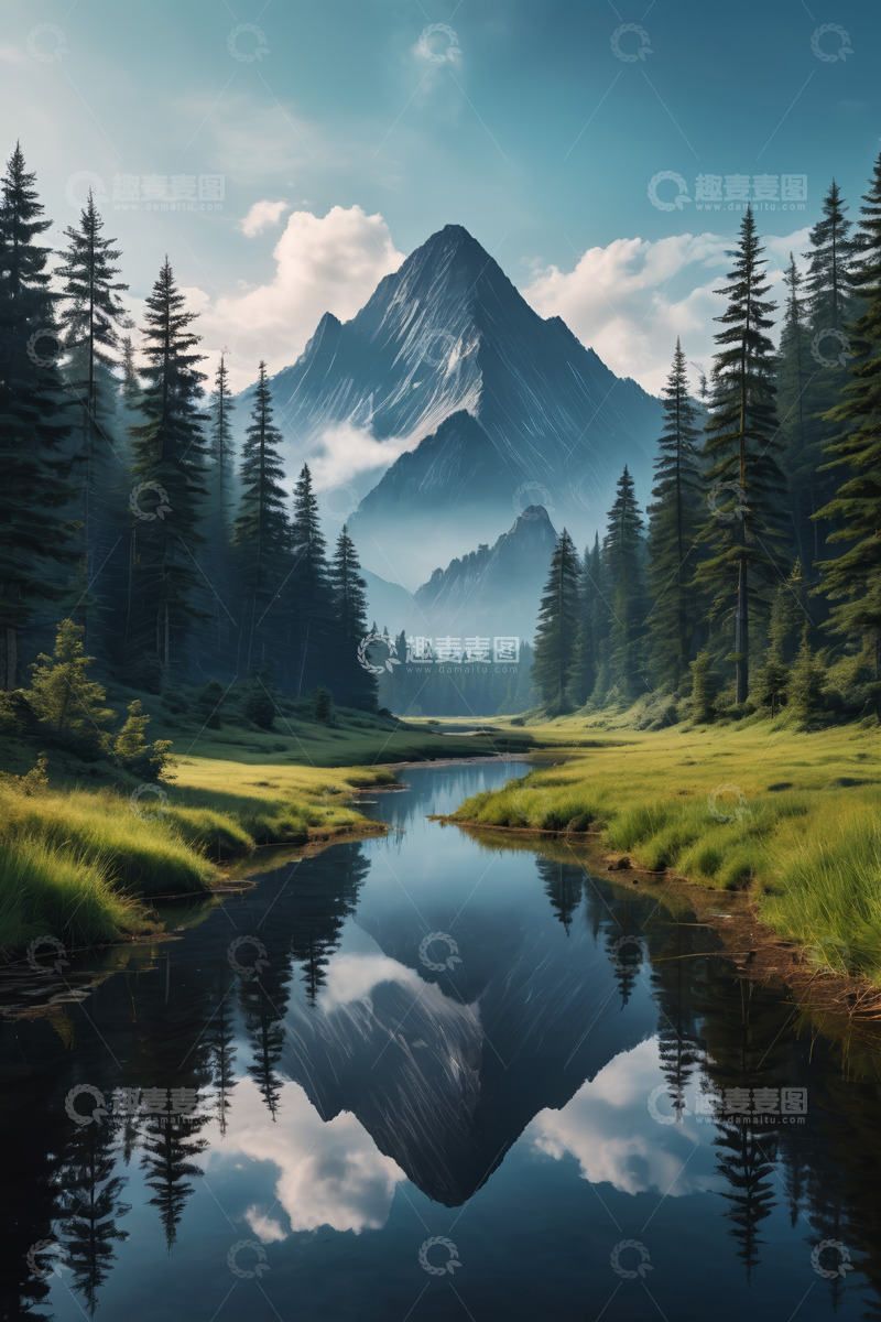 高清大图下载【趣麦麦图】山林间的静谧湖泊与巍峨山峰
