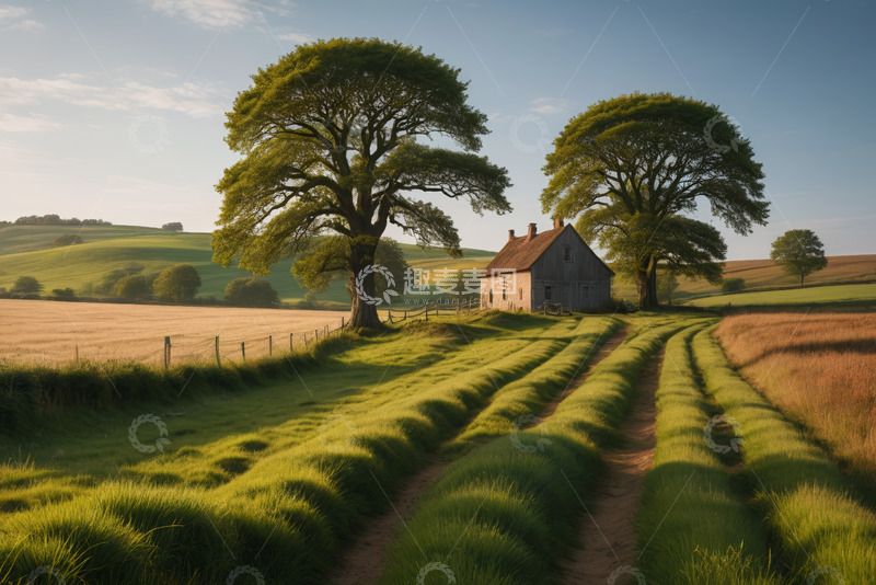 高清大图下载【趣麦麦图】田野中的小屋与绿树风景