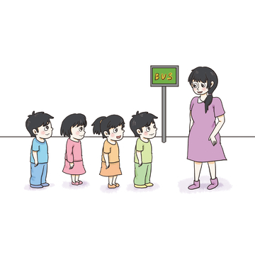 老师带孩子等公交车场景插画