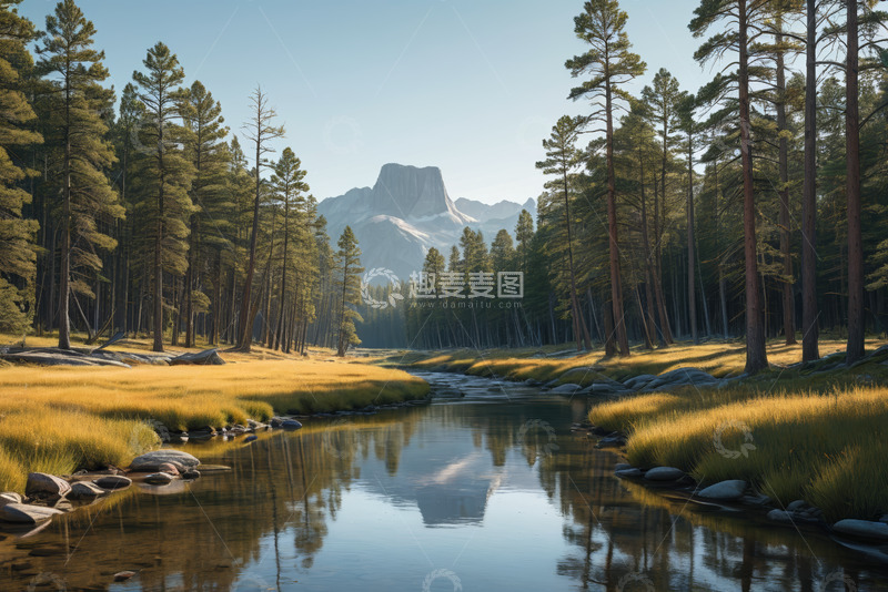 高清大图下载【趣麦麦图】森林中的河流与远山风景