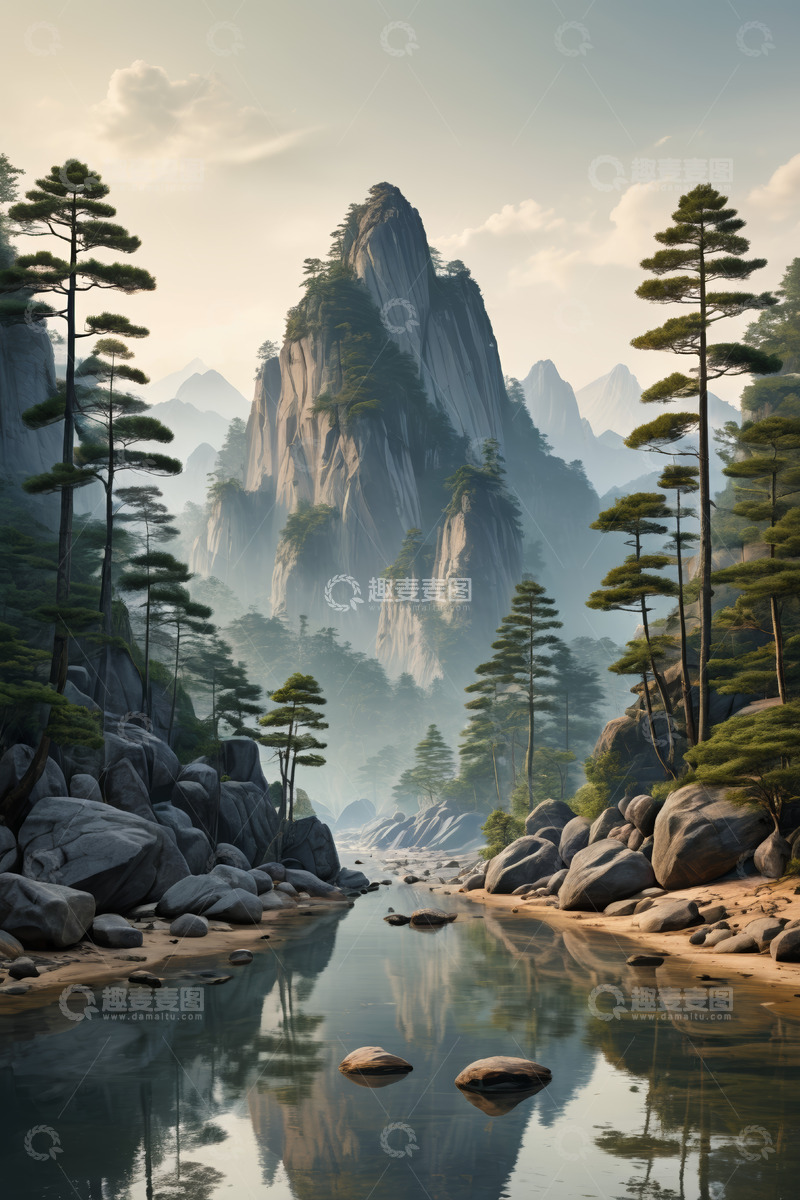 高清大图下载【趣麦麦图】山水间松林与平静水面景观