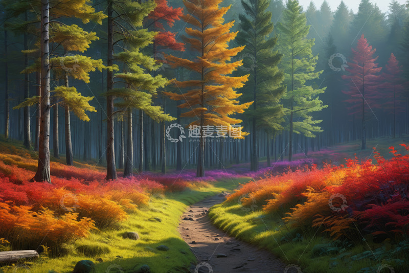 高清大图下载【趣麦麦图】秋季森林中的彩色树木景观