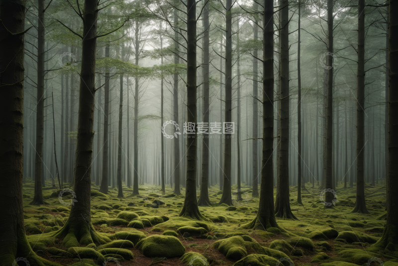 高清大图下载【趣麦麦图】雾气弥漫的静谧森林景观
