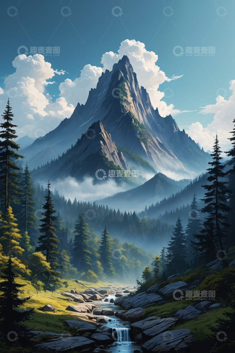 高清大图下载【趣麦麦图】山林间巍峨山峰与溪流风景