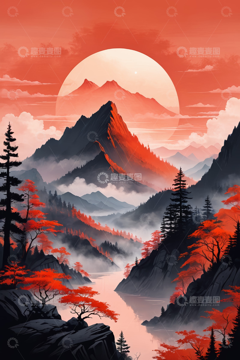 高清大图下载【趣麦麦图】山间红日自然风光