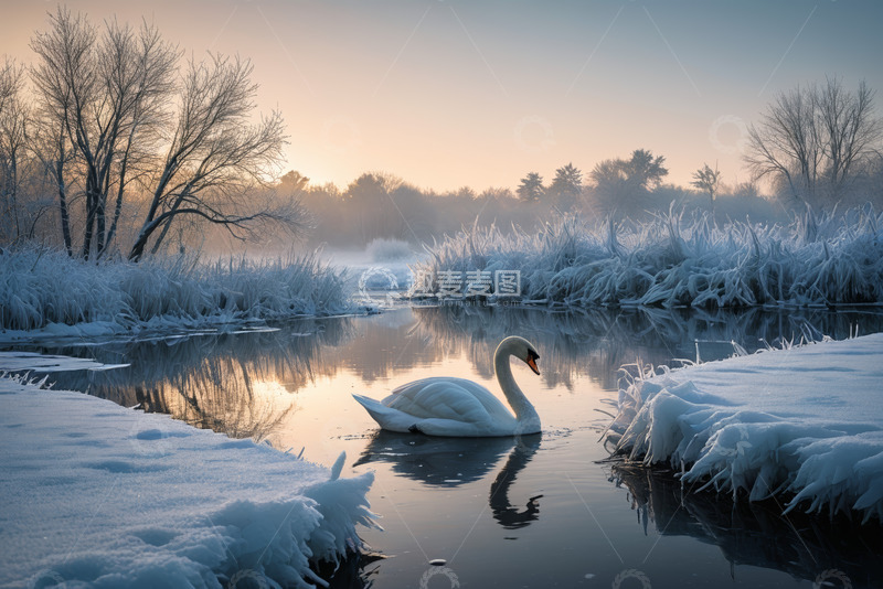 高清大图下载【趣麦麦图】冬日河上的单只天鹅