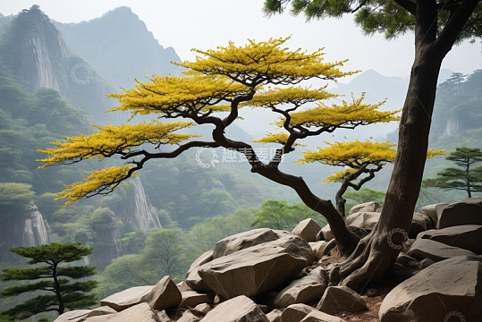 山间岩石上的黄色松树景观