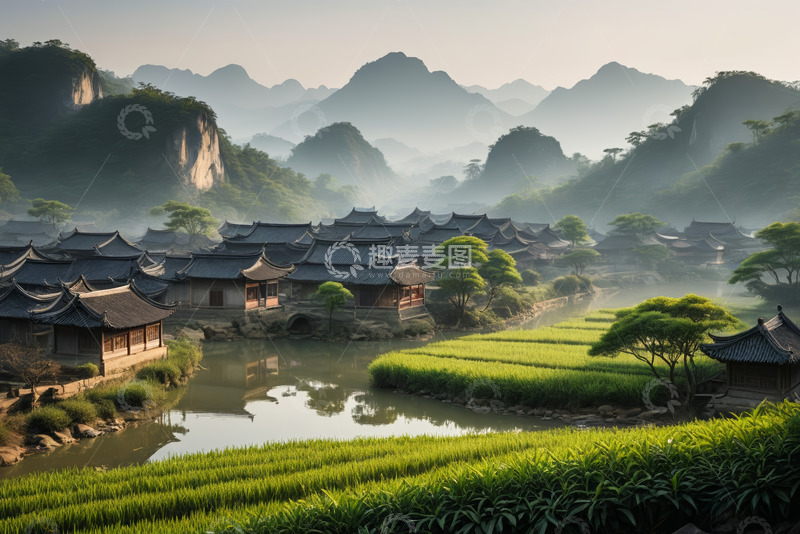 高清大图下载【趣麦麦图】古风村落山水田园景观