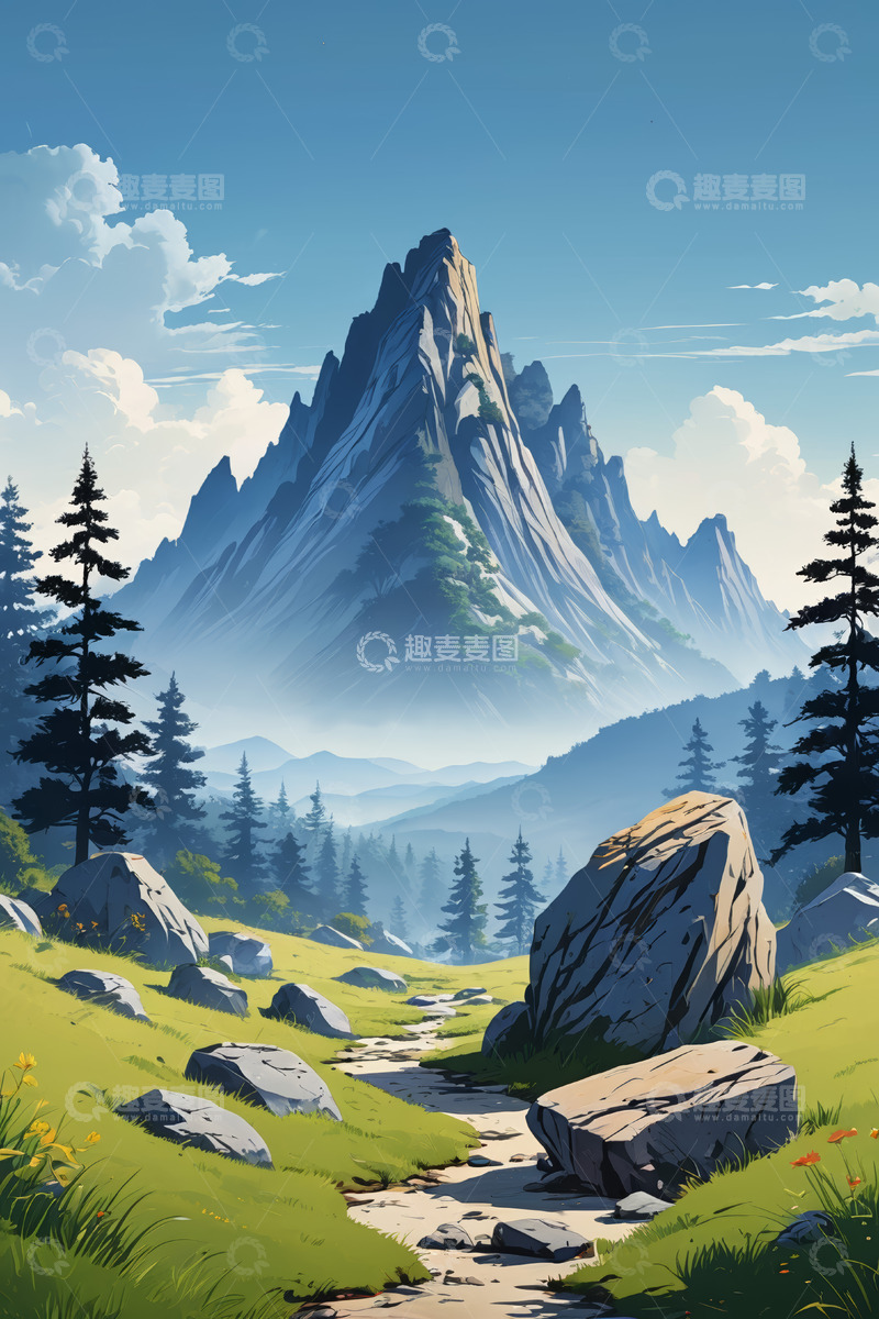 高清大图下载【趣麦麦图】山间草地与巍峨山峰风景