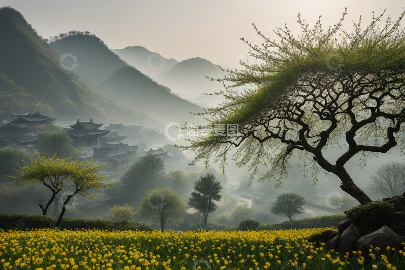 高清大图下载【趣麦麦图】山间古建筑与油菜花田园风光