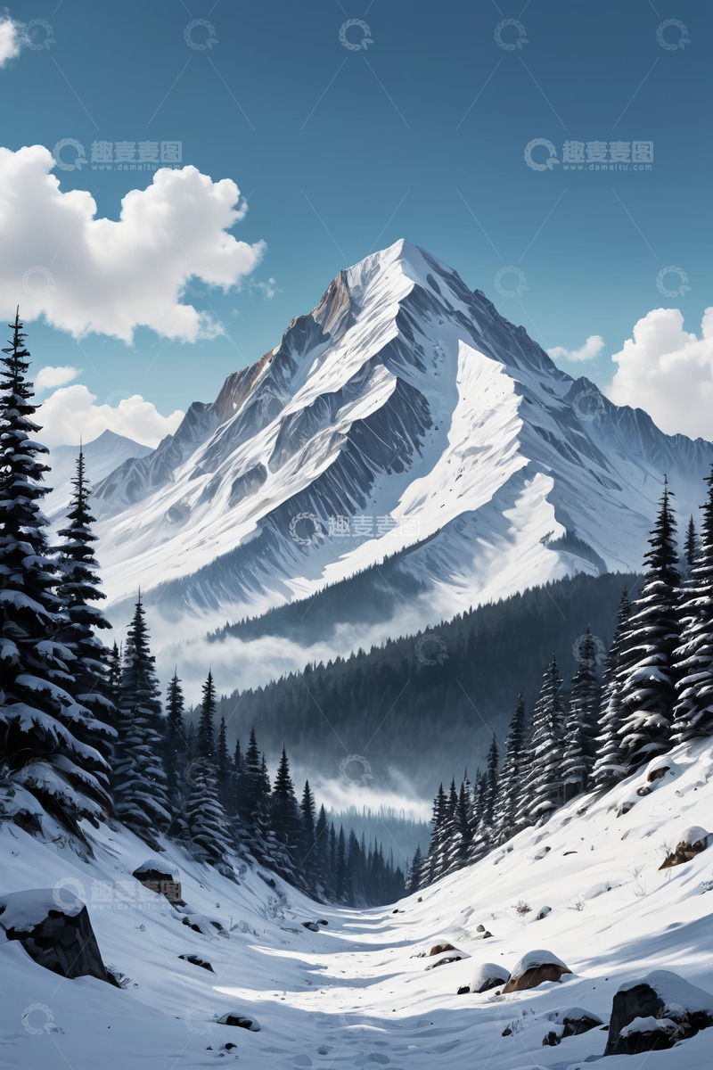 高清大图下载【趣麦麦图】雪山下的森林雪景全景
