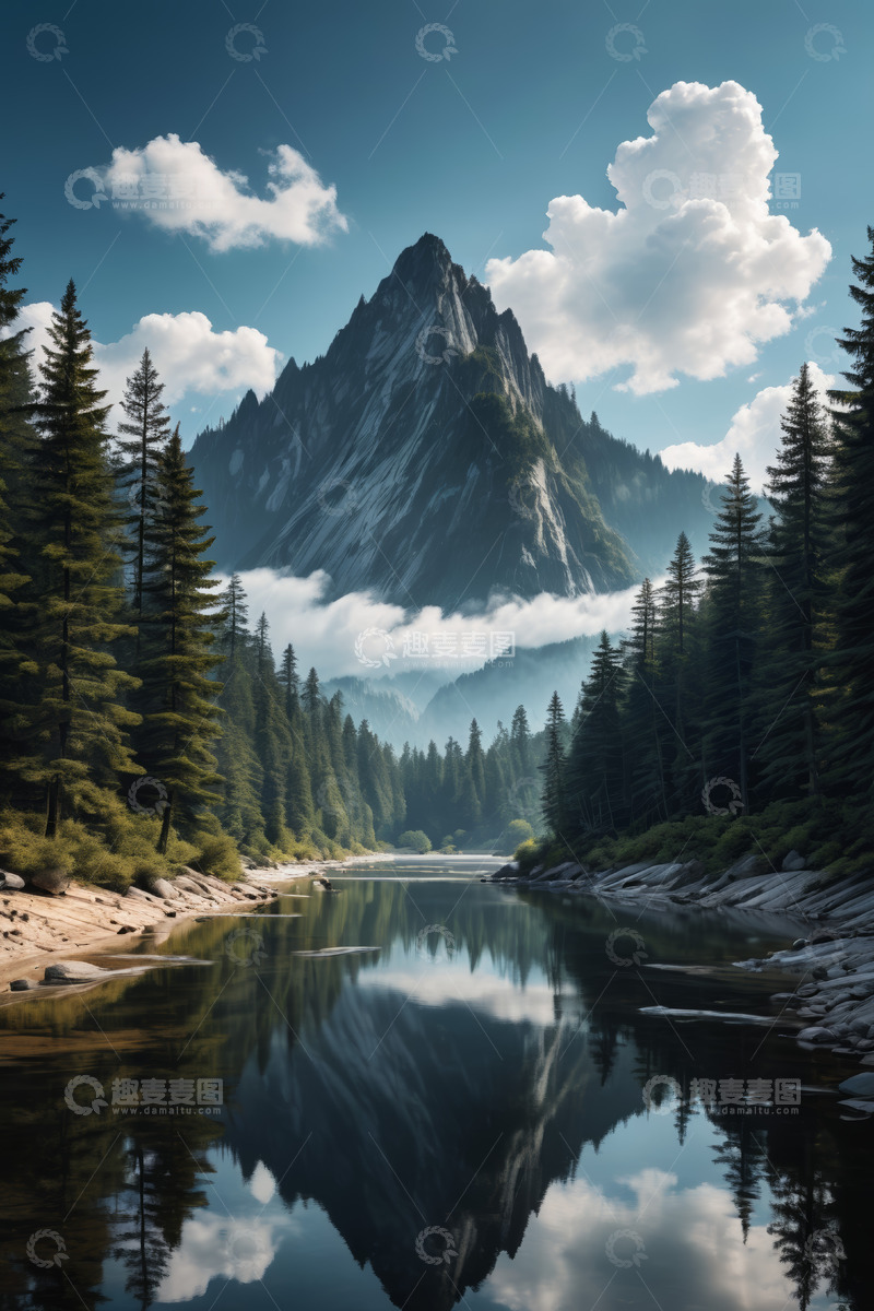 高清大图下载【趣麦麦图】山林间河流与巍峨山峰景观