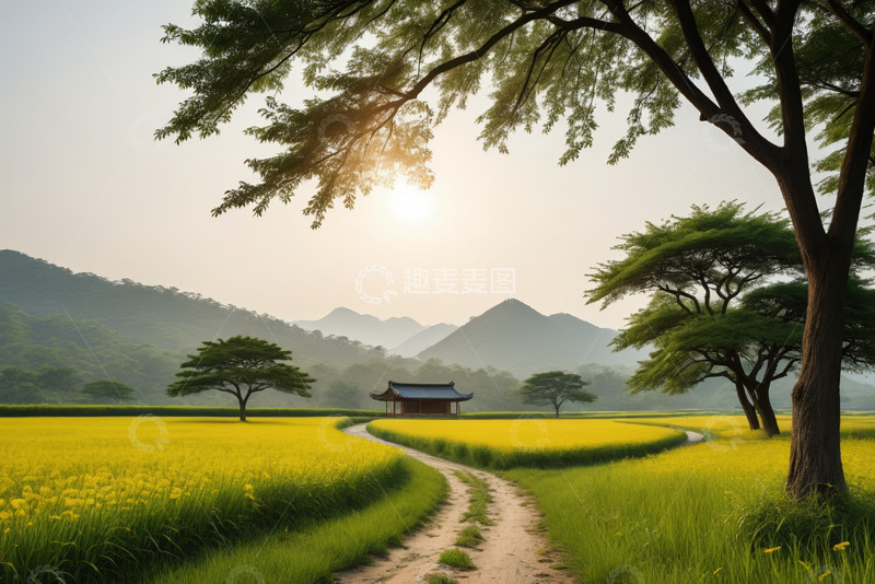 高清大图下载【趣麦麦图】田野间小路旁的中式建筑风景