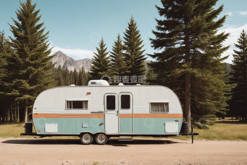 高清大图下载【趣麦麦图】森林中停放的复古露营房车
