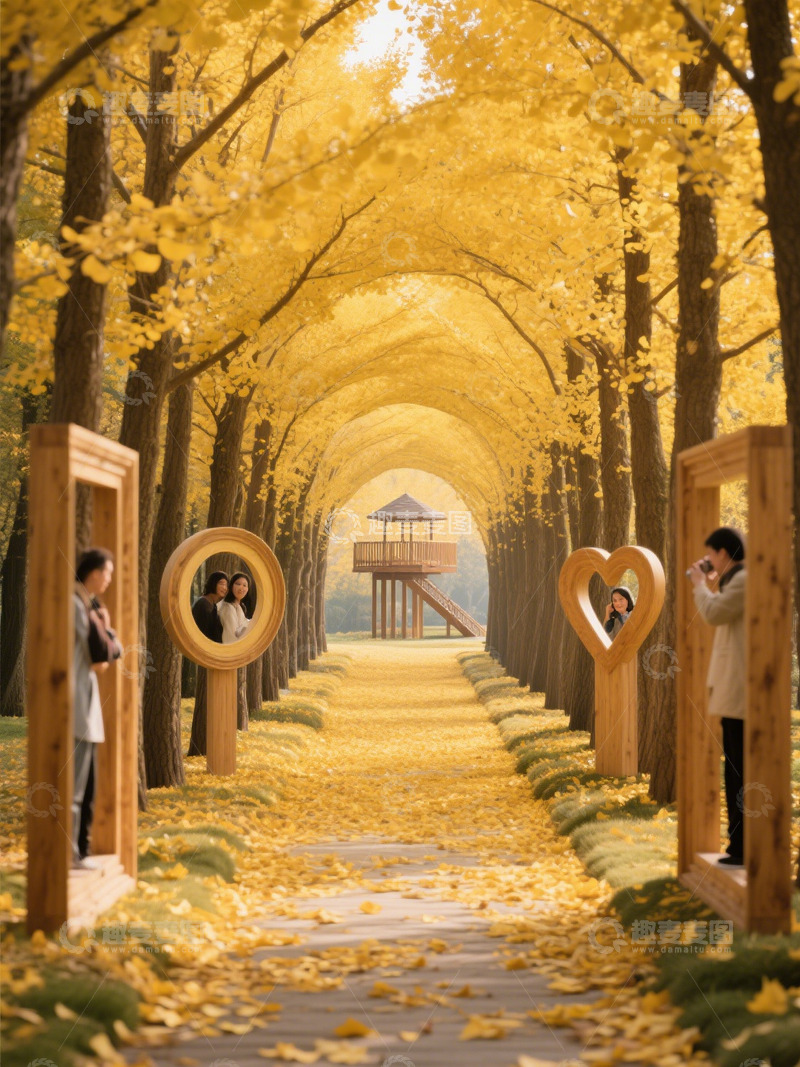 高清大图下载【趣麦麦图】银杏林浪漫小径摄影场景