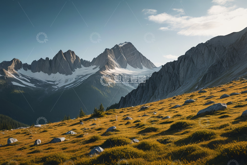 高清大图下载【趣麦麦图】山间草地与远处雪山景观