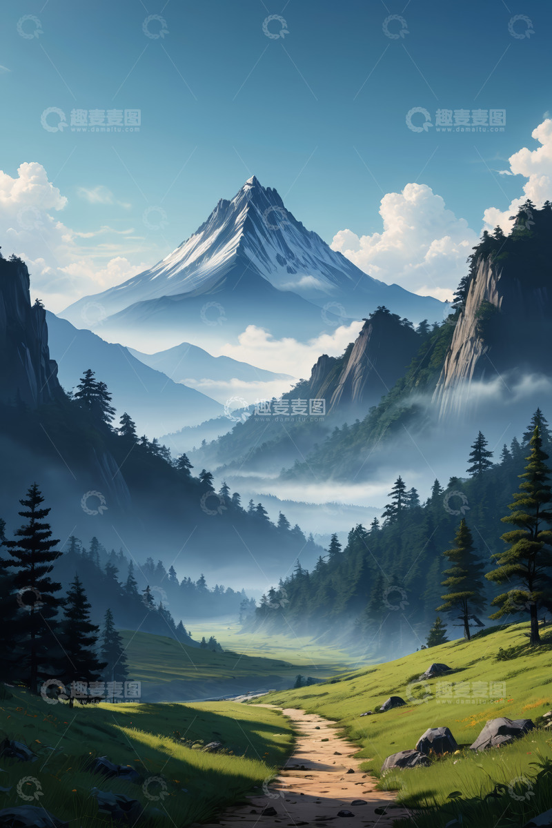 高清大图下载【趣麦麦图】山间草地与远处雪山风景