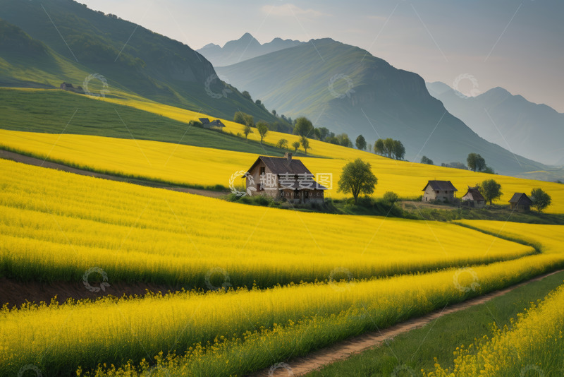 高清大图下载【趣麦麦图】山间黄色油菜花田中的小屋