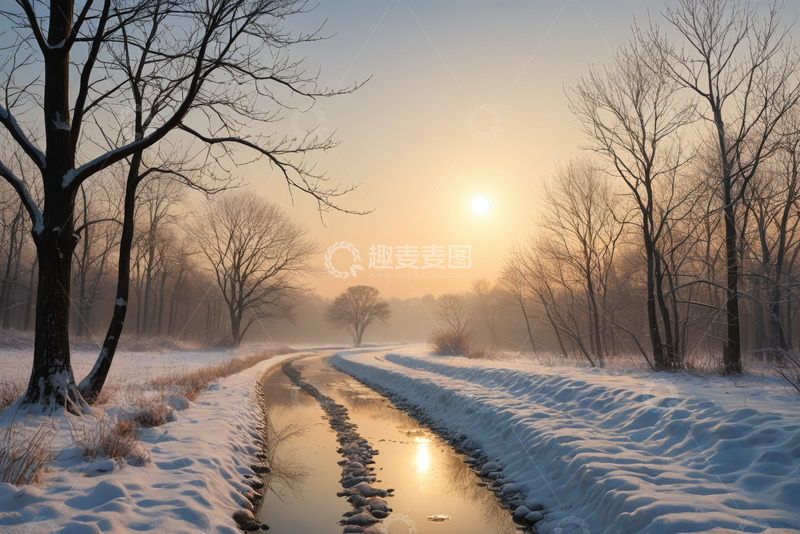 高清大图下载【趣麦麦图】冬日雪后林间河道日出景象