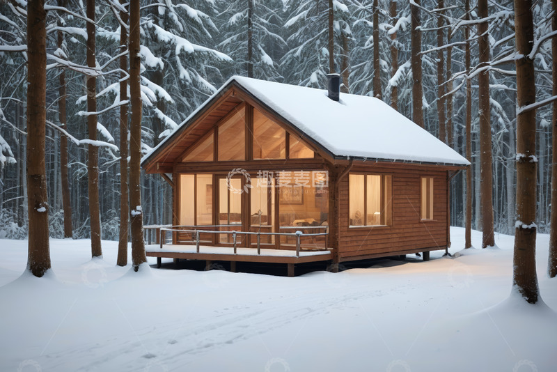 高清大图下载【趣麦麦图】雪林中的温馨木屋
