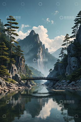山水间桥梁与挺拔树木风景