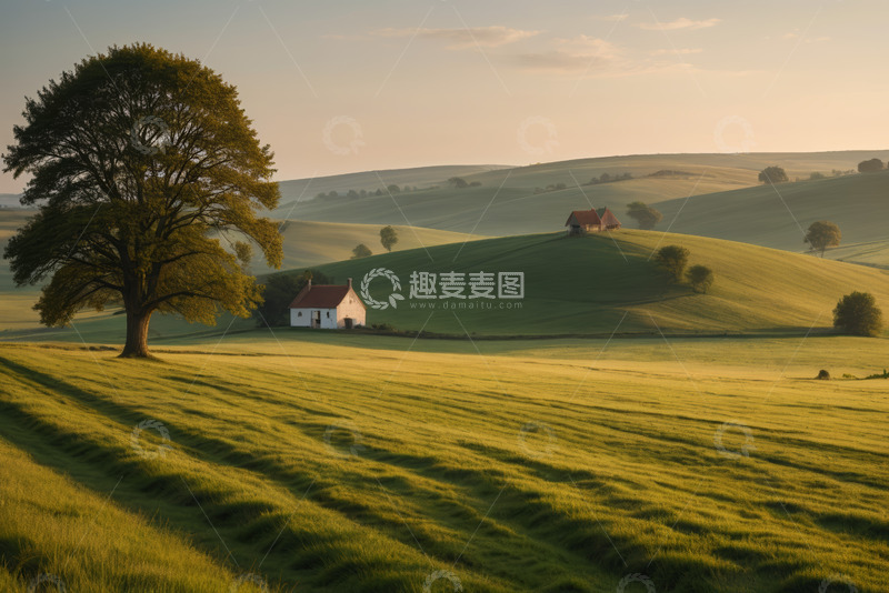 高清大图下载【趣麦麦图】田园风光中的大树与小屋