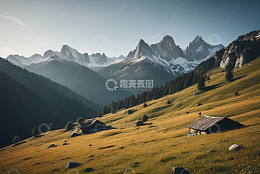 山间草地木屋自然风光