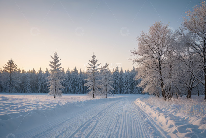 高清大图下载【趣麦麦图】冬日雪覆盖的森林道路景观