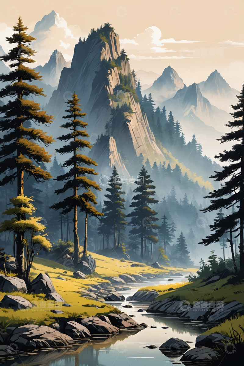 高清大图下载【趣麦麦图】山林间溪流与远山风景