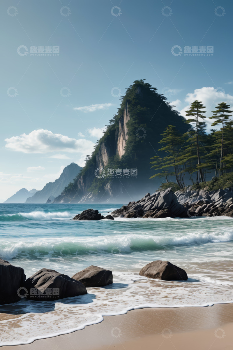 高清大图下载【趣麦麦图】海边沙滩与远处山峦景观