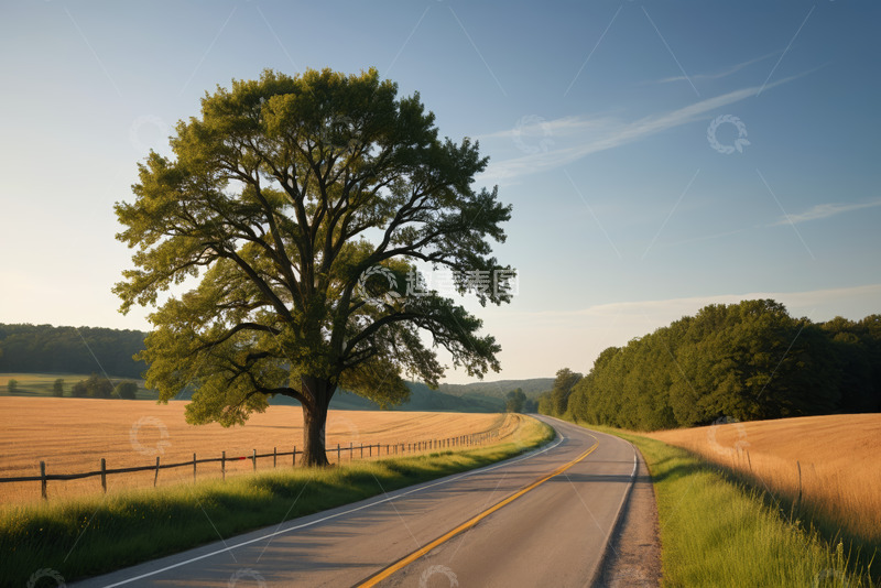 高清大图下载【趣麦麦图】田野间的乡村道路与大树