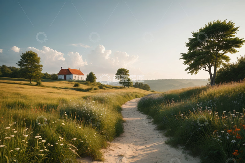 高清大图下载【趣麦麦图】田园草地间的小屋与小径