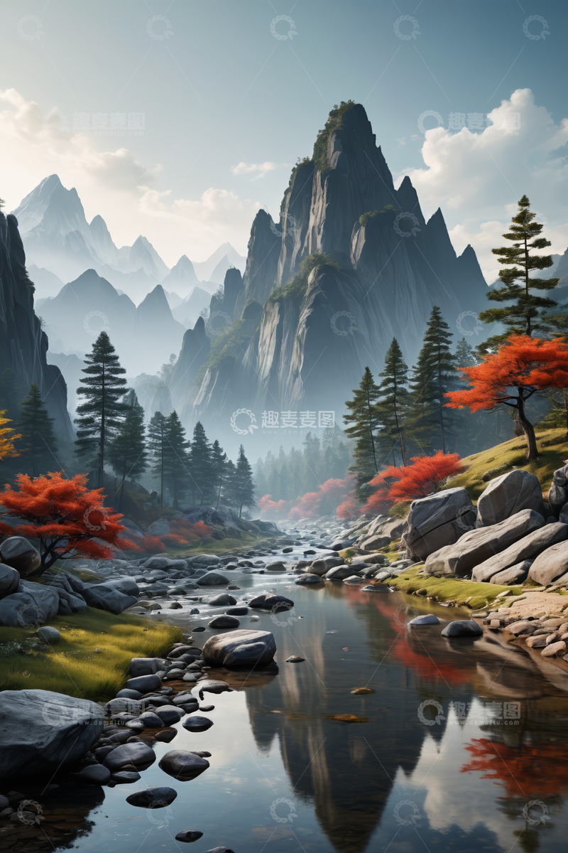 高清大图下载【趣麦麦图】山间溪流旁的自然风光