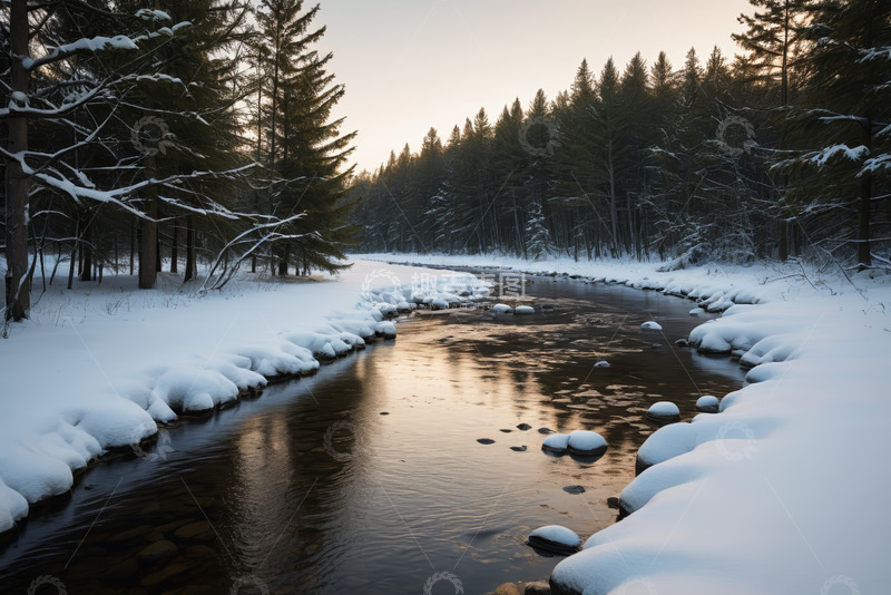 高清大图下载【趣麦麦图】冬日雪覆森林中的河流景象