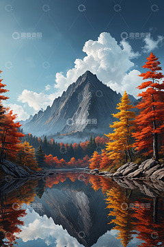 秋日山林湖泊与远山风景