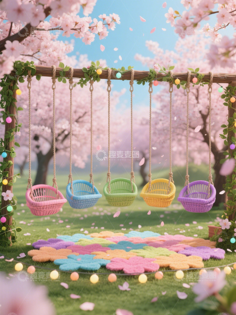 高清大图下载【趣麦麦图】樱花秋千花园梦幻场景