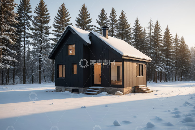 高清大图下载【趣麦麦图】雪后林间小屋冬日景象