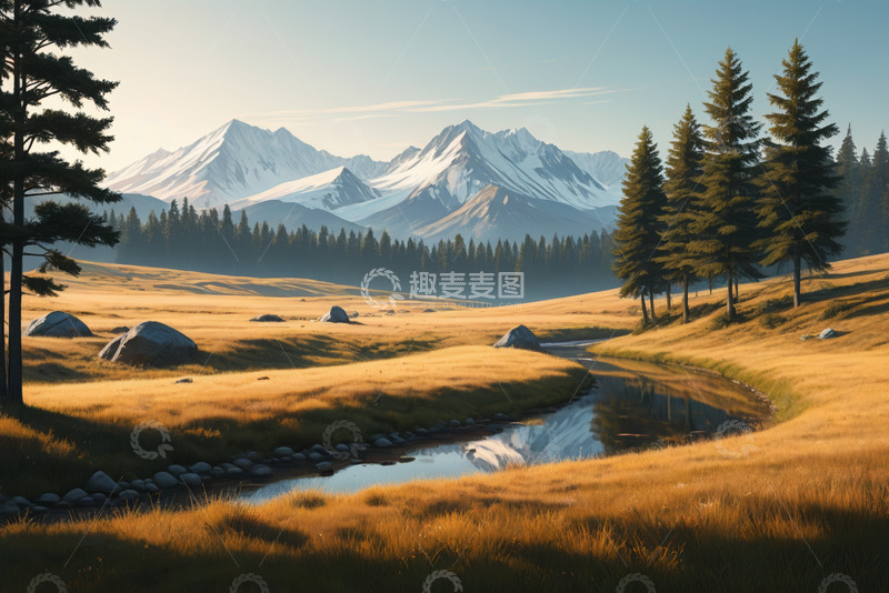 高清大图下载【趣麦麦图】雪山下的草地森林风景