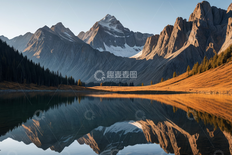 高清大图下载【趣麦麦图】山间湖泊与远处雪山自然景观