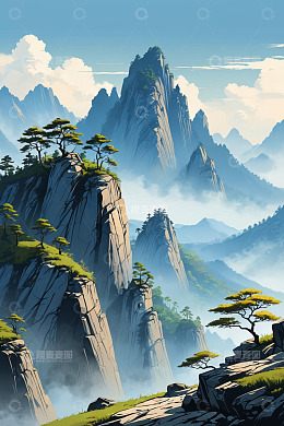 远山云雾间的青松风景
