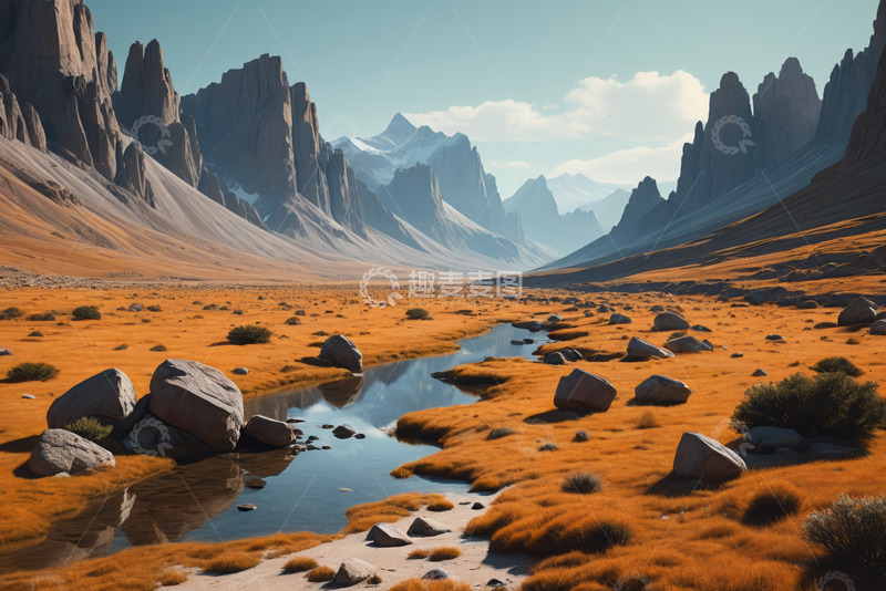 高清大图下载【趣麦麦图】山野间的溪流与广袤荒原景观