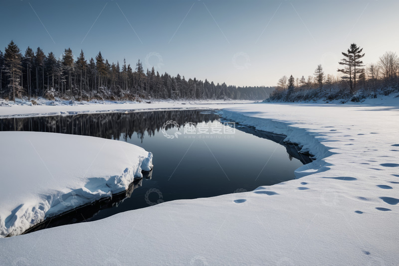 高清大图下载【趣麦麦图】冬日雪覆河流与森林景观