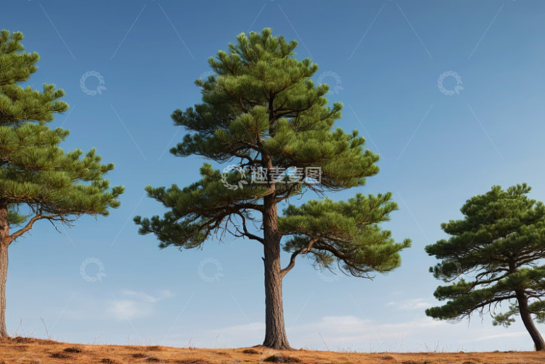 蓝天背景下的松树自然景观