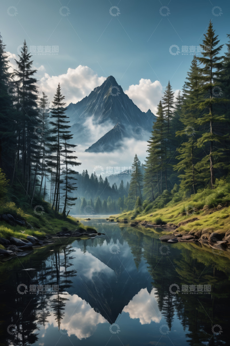 高清大图下载【趣麦麦图】山林间河流与远山风景