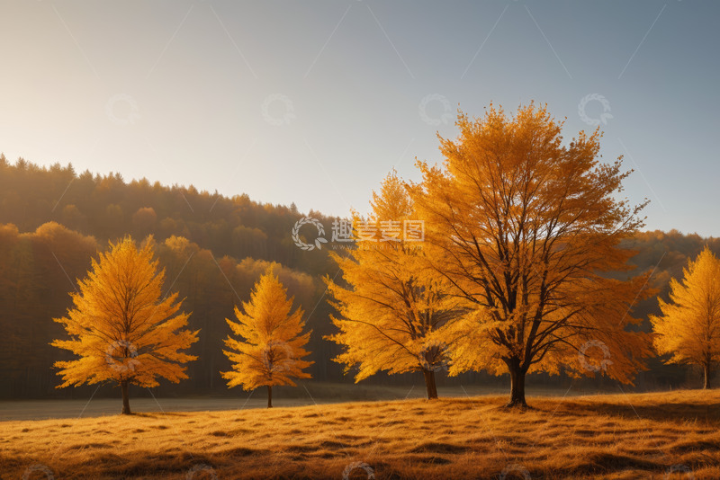 高清大图下载【趣麦麦图】秋日原野金色树木风景