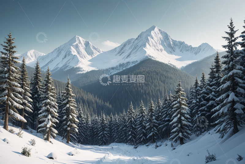 高清大图下载【趣麦麦图】雪山下的雪松林冬日景观
