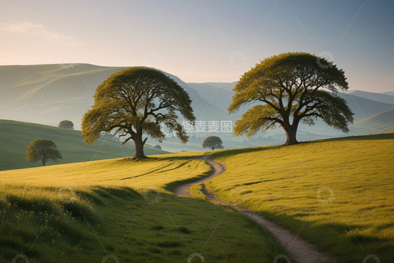高清大图下载【趣麦麦图】草原上的树木与蜿蜒小路