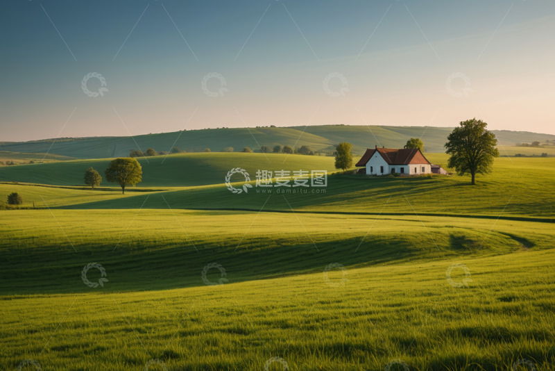 高清大图下载【趣麦麦图】田园风光中的小屋与草地